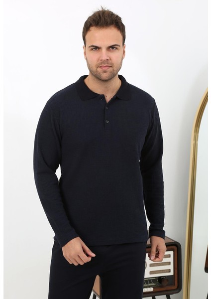 Erkek Polo Yaka Uzun Kol Penye Pijama Takımı 6862 Lacivert