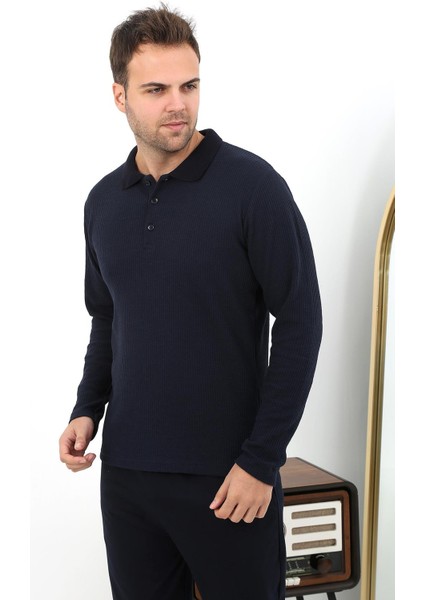 Erkek Polo Yaka Uzun Kol Penye Pijama Takımı 6862 Lacivert modelleri