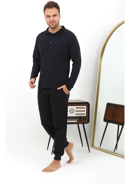 Erkek Polo Yaka Uzun Kol Penye Pijama Takımı 6862 Lacivert fırsatları