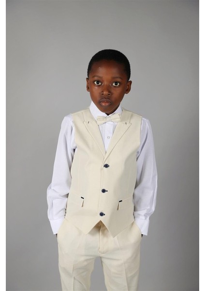 03 - 14 Yaş Erkek Çocuk Bej Yelekli Takım