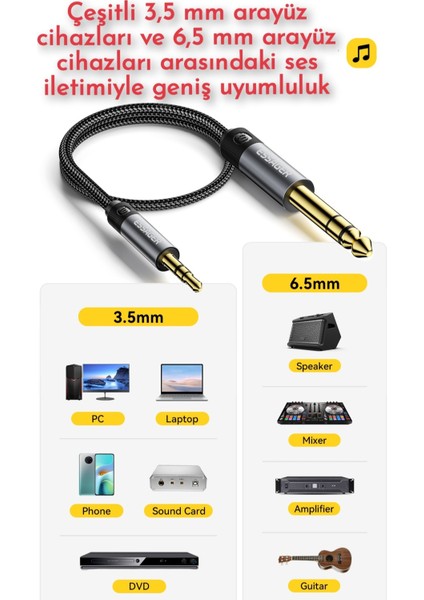 1.20 Metre. 3.5mm To 6.5mm Ses Kablosu Hi-Fi Ses Teknolojisi+Dac Çip+Hasır Örgülü Sağlam Trs Jack Aux Stereo Ses Kablosu fiyatları