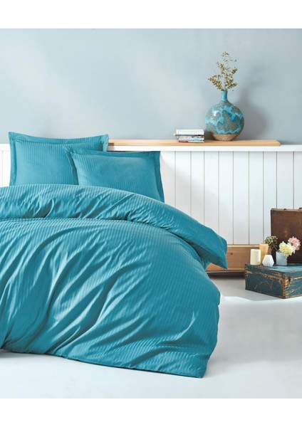 Elegant Stripe Turkuaz Saten Çift Kişilik Nevresim Takımı