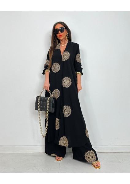Glow Nakışlı Kimono Takın Uzun Maxi Boy Gömlek Pantolonlu Takım indirimleri