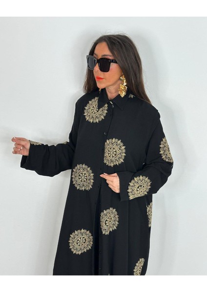 Glow Nakışlı Kimono Takın Uzun Maxi Boy Gömlek Pantolonlu Takım