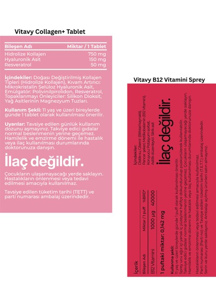 Collagen & Hyaluronic Acid & Resveratrol (1X30 Tablet) ve Methylcobalamin B12 Vitamini Sprey (10 Ml)