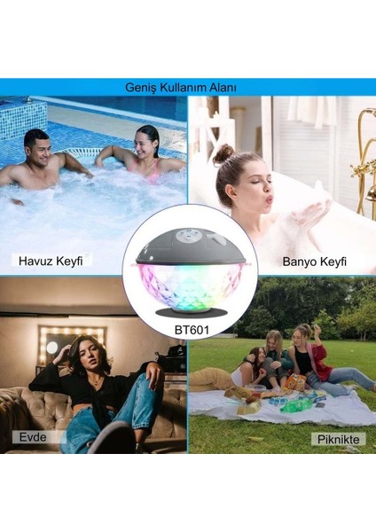 Bluetooth BT601 Havuz Hoparlörü Renkli Rgb LED Işık IP68 Su Geçirmez Dahili Şarjlı Pilli Ses Bombası modelleri