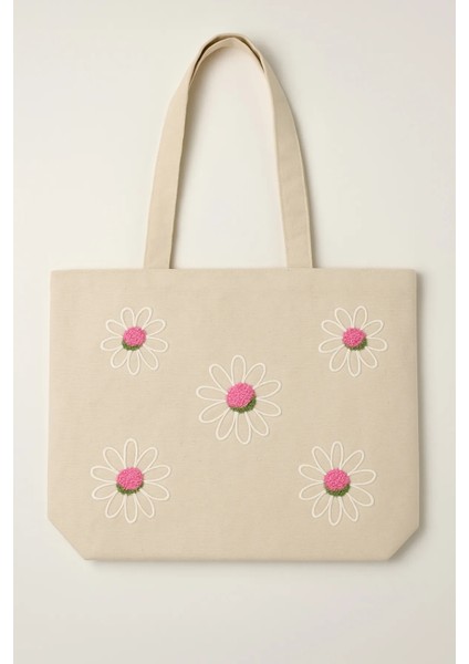 Pembe Papatya Desenli Punch Işlemeli Günlük Kullanım Çanta Yazlık Çanta Plaj Çantası 45 x 32 cm fırsatları