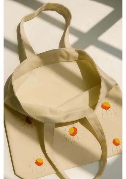 Turuncu Papatya Desenli Punch Işlemeli Günlük Kullanım Omuz Çantası Yazlık Çanta Plaj Çantası 45X32 cm fiyatları