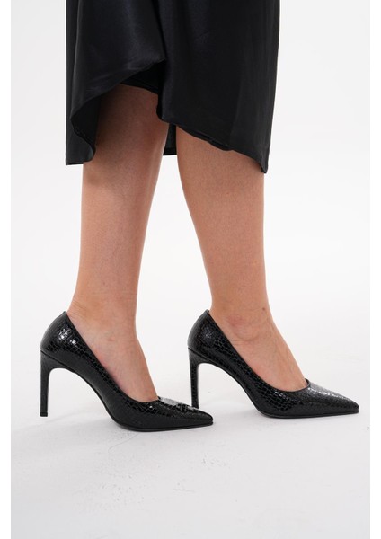 Siyah Yılan Derisi Desenli 8,5 cm Ince Topuklu Kadın Stiletto Ayakkabı modelleri