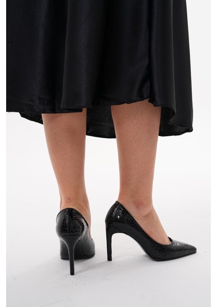 Siyah Yılan Derisi Desenli 8,5 cm Ince Topuklu Kadın Stiletto Ayakkabı indirimleri