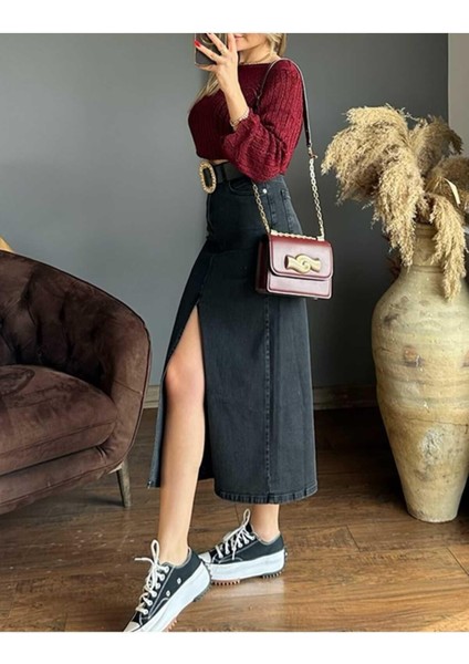 Zr Model Yırtmaç Detaylı Düğmeli Kot Etek Koyu Mavi Midi Diz Boy