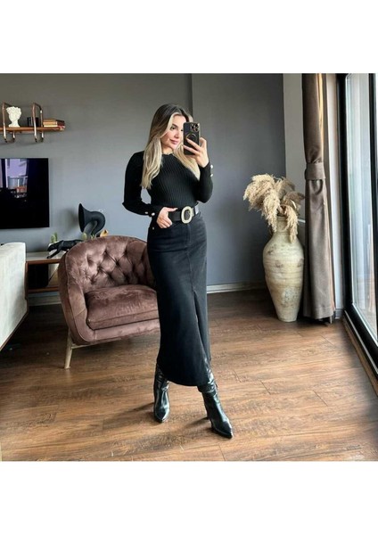 Zr Model Yırtmaç Detaylı Düğmeli Kot Etek Koyu Mavi Midi Diz Boy fiyatları