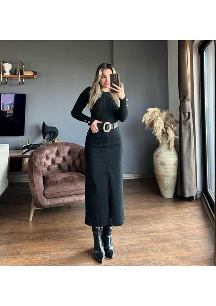 Zr Model Yırtmaç Detaylı Düğmeli Kot Etek Koyu Mavi Midi Diz Boy fırsatları