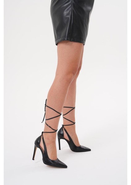 Golden Heel 10,5 cm Siyah Cilt Ipli Bilekten Bağlamalı Stiletto Topuklu Ayakkabı fırsatları