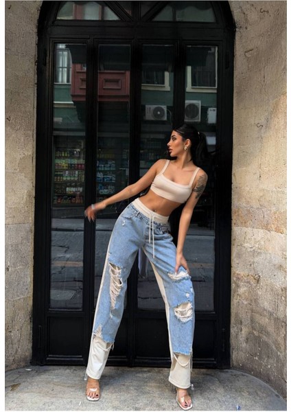 Kadın Tint Kot Rengi Lazer Detaylı Skater Jogger Fit Denim Jogger Kot Pantolon Baggy
