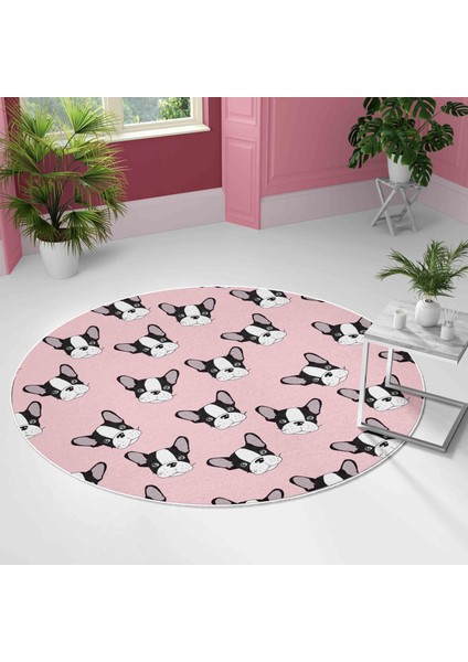 Yuvarlak Halı – Kaymaz Tabanlı, Yıkanabilir, Yumuşak Dokulu, Sevimli Desenler Pink Frenchies)