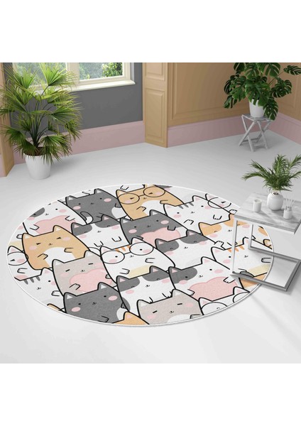 Yuvarlak Halı – Kaymaz Tabanlı, Yıkanabilir, Yumuşak Dokulu, Sevimli Desenler (Kawaii Cats)