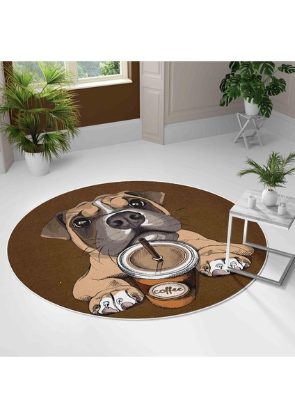 Yuvarlak Halı – Kaymaz Tabanlı, Yıkanabilir, Yumuşak Dokulu, Sevimli Desenler (Coffee Pup)