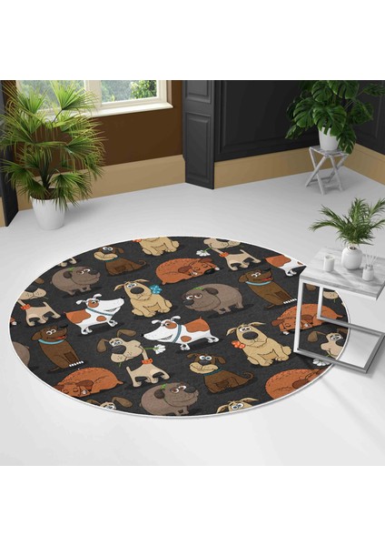 Yuvarlak Halı – Kaymaz Tabanlı, Yıkanabilir, Yumuşak Dokulu, Sevimli Desenler (Funny Dogs)