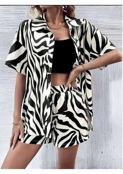 Kadın Zebra Desenli Pamuk-Polyester Kumaş Ikili Takım modelleri