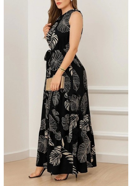 Kadın Sıfır Kok Bağcıklı Kemerli Etek Ucu Fırfırlı Desenli Süprem Elbise fiyatları