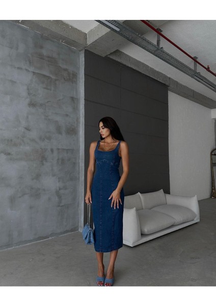 Yırtmaçlı Sırt Fermuarlı Midi Mavi Denim Elbise Kot Elbise Denim Dress modelleri