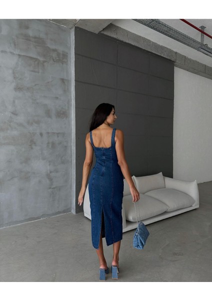 Yırtmaçlı Sırt Fermuarlı Midi Mavi Denim Elbise Kot Elbise Denim Dress fırsatları