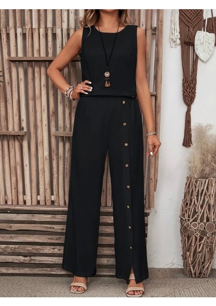 Kadın Kolsuz Düğmeli Asimetrik Detaylı Bürümcük Bluz ve Pantolon Takım fiyatları