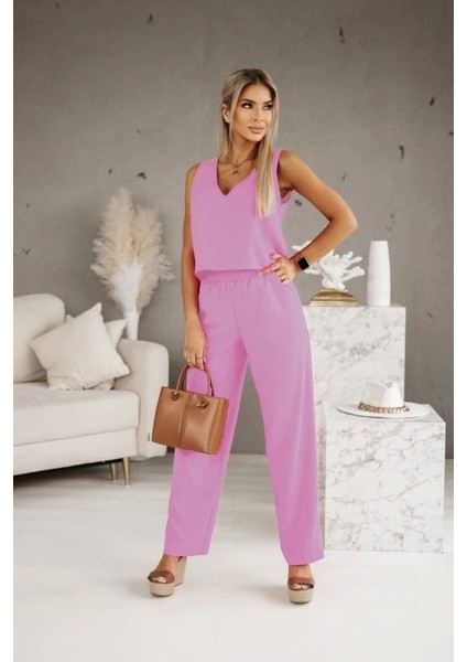 Kadın Üstü V Yaka Kolsuz Krop Alt Beli Lastikli Pantalon Iki Iplik Takım