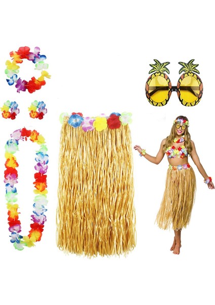 Hawaii Parti Kostüm Seti - 60 cm Hasır Etek, Çiçekli Aksesuarlar ve Ananas Gözlük