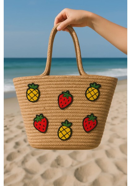 Meyve Çilek Ananas Desenli Punch Detaylı Yazlık Jüt Plaj Çantası 40X25 cm fiyatları