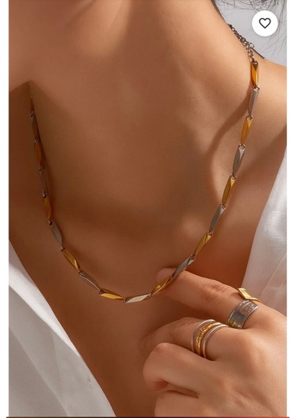 Altın Gümüş Renkli Oval Form Zincir Çelik Kolye