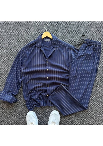 Alaçatı Stili Krep Kumaş Çizgi Detaylı Unisex Gömlek ve Pantolon Takım