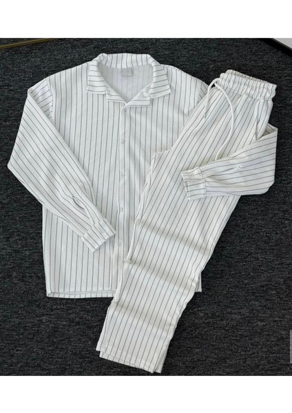 Alaçatı Stili Krep Kumaş Çizgi Detaylı Unisex Gömlek ve Pantolon Takım