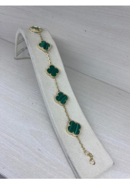 925 Ayar Gümüş Gold Zincirli Van Cleef Model Bileklik Zümrüt Yeşili Mineli