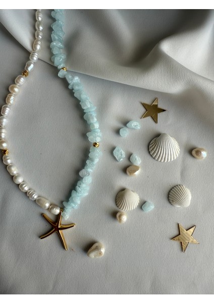 Lusora Accessory Doğal Inci & Akuamarin Taşlı Deniz Yıldızı Kolye – El Yapımı Yazlık Tasarım indirimleri