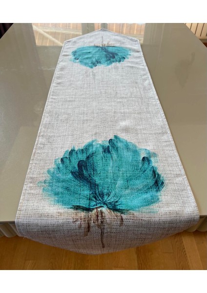 Turkuaz Çiçek Desenli Keten Dokulu 35*135 cm Runner