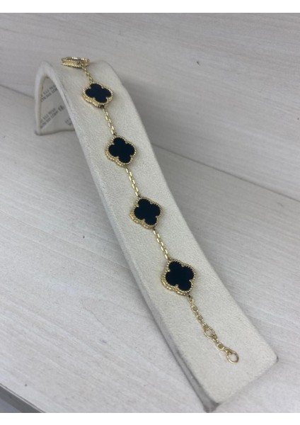925 Ayar Gümüş Gold Zincirli Van Cleef Model Bileklik Siyah Mineli