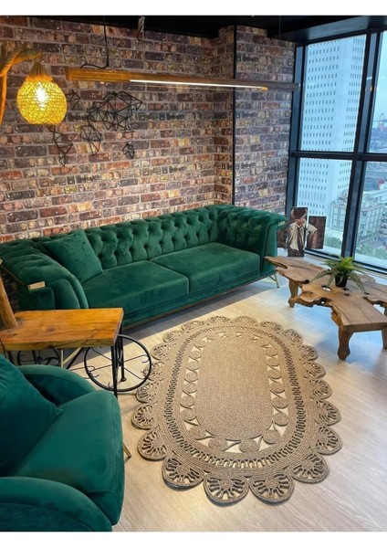 Dekoratif Jüt Hasır El Örgüsü Halı Kilim Oval-Mutfak Salon Balkon Kilim Paspas Yolluk