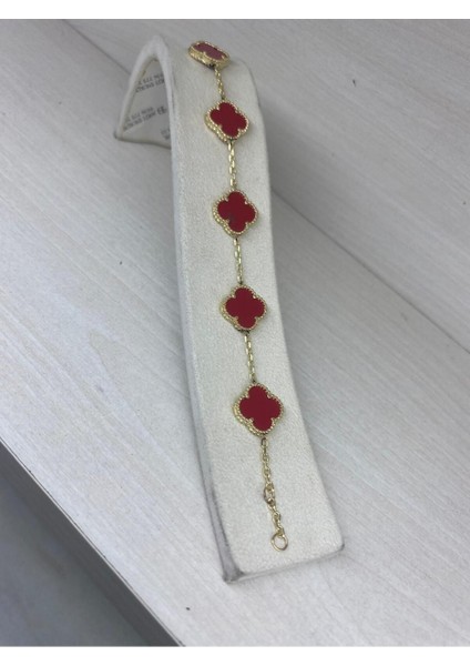 925 Ayar Gümüş Gold Zincirli Van Cleef Model Bileklik Bordo Mineli