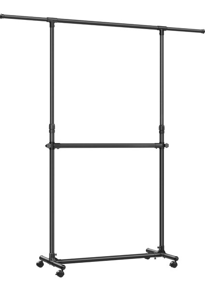 2 Elbise Askısı, Uzatılabilir Gardırop Askısı, Tekerlekli Gardırop Askısı, Yüksekliği 113 Ila 180 cm Arasında Yüksekliği Ayarlanabilir, Alt Çubuk Ayarlanabilir, Siyah LLR401B01