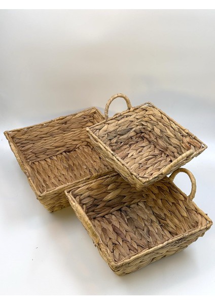 Home Hasır El Örgüsü 3'lü Sepet Seti - Doğal Hasır Organizer, Meyvelik, Havlu Saklama Sepeti, Mutfak ve Banyo Düzenleyici, Dekoratif Sepet Takımı, Dolap Içi Saklama Çözümü (Kare Kulplu)