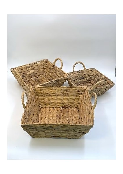 Home Hasır El Örgüsü 3'lü Sepet Seti - Doğal Hasır Organizer, Meyvelik, Havlu Saklama Sepeti, Mutfak ve Banyo Düzenleyici, Dekoratif Sepet Takımı, Dolap Içi Saklama Çözümü (Kare Kulplu) modelleri