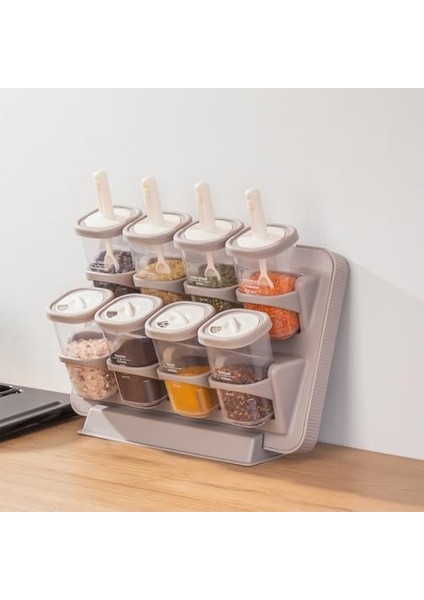 1116 Standlı Kaydırmalı Kaşıklı 360° Döner Kapaklı Etiketli Baharatlık Seti - Erzak Saklama Kabı Cappuccino fiyatları