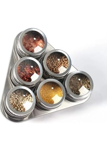 Manyetik Baharatlık Seti, Paslanmaz Çelik 6 Baharat Kavanozu ve Metal Stand, Şeffaf Kapaklı, Mıknatıslı ve Dayanıklı Tasarım, Duvar ve Buzdolabına Monte Edilebilir (Üçgen) fiyatları