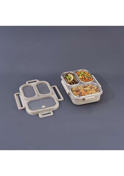 Bento Dikdörtgen 3 Bölmeli Lunch Box Yemek Termosu Kahverengi 1000 ml