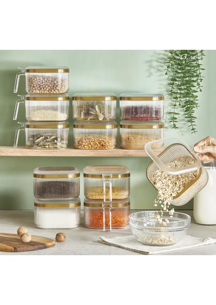 Gold Şeritli, Saplı Akrilik Kuru Gıda Saklama Kabı 1100ML (1 Adet) (Asorti)