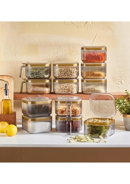 Gold Şeritli, Saplı Akrilik Kuru Gıda Saklama Kabı 1100ML (1 Adet) (Asorti) fiyatları