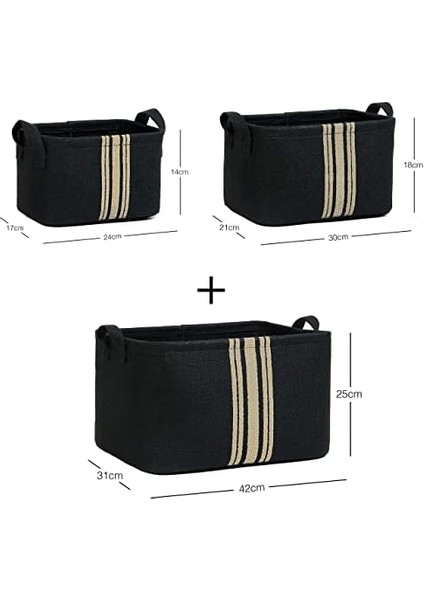Home Textile 3'lü Çizgili Siyah Renk Jüt Sepet Set 24 x 17 x 14/30 x 21 x 18/42 x 31 x 25 cm modelleri