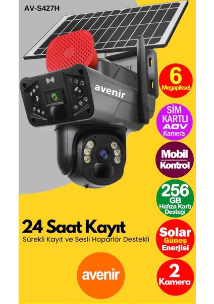 AV-S427H Solar Smart Güvenlik Kamerası 4g Sim 6mp 2 Kameralı E sim Ptz Renkli Gece Görüş Dış Mekan